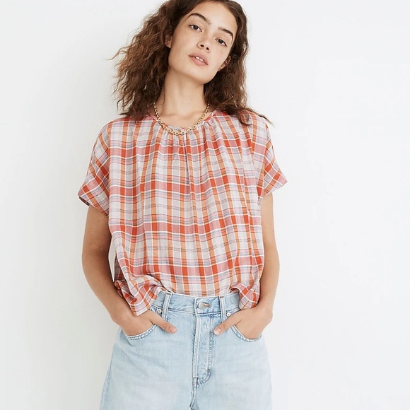 Madewell Tops - Madewell Plaid Shirred Neck Boxy Red Short Sleeve Top